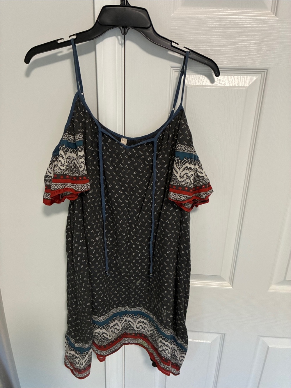 Free People Black Boho Cold-Shoulder Camisole with Blue & Red Trim